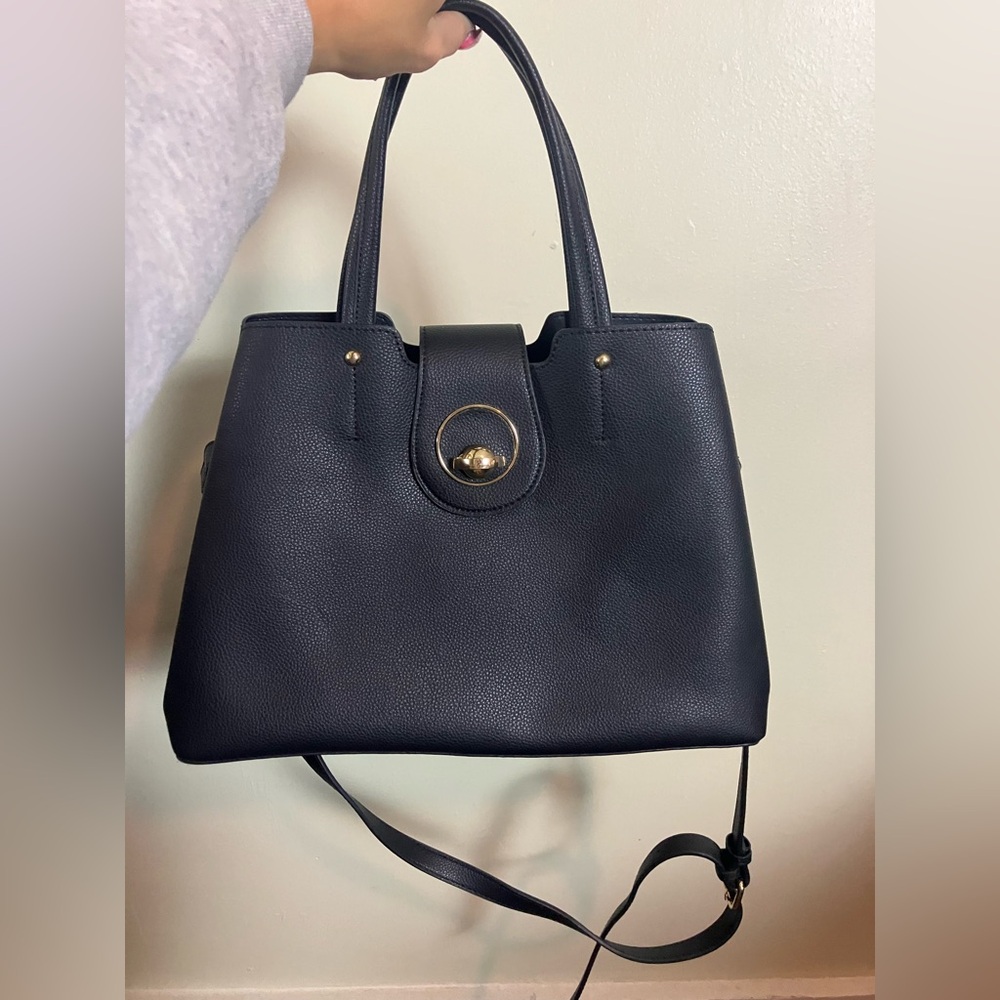 Black Faux‎ Leather Top Handle Satchel Crossbody Bag with Gold Tone Hardware